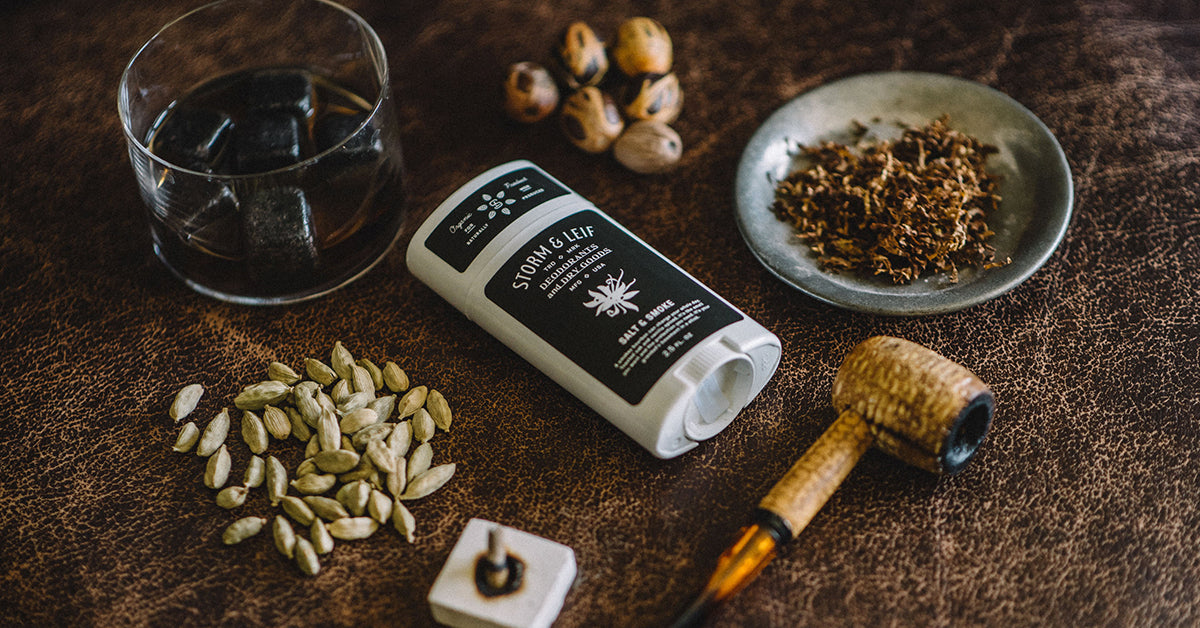 Toasted oak and vanilla spiced, aluminum free deodorant for men. Salt & Smoke by Storm & Leif.
