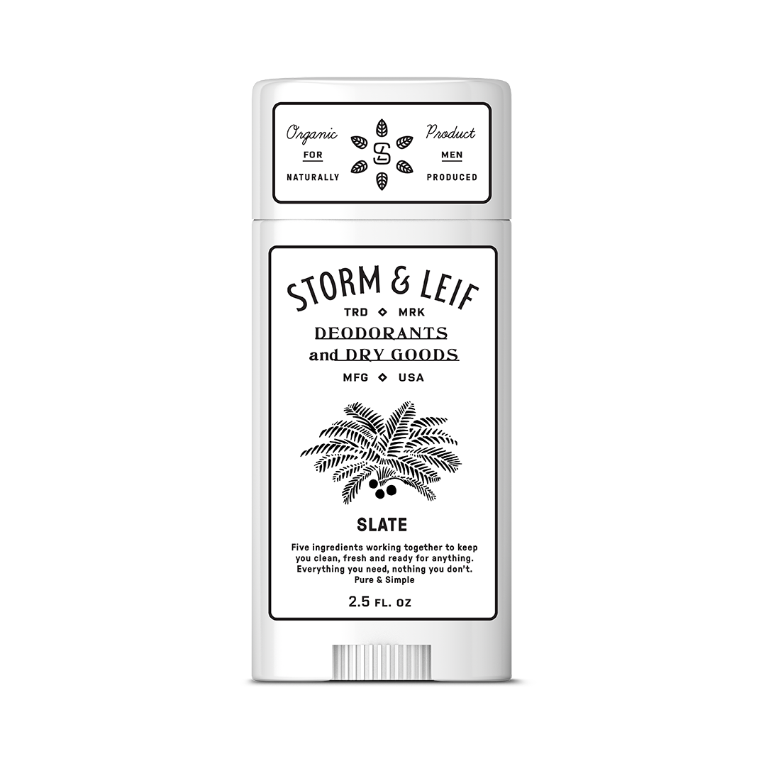 Unscented vegan deodorant for men, made with only 5 ingredients. Slate by Storm & Leif